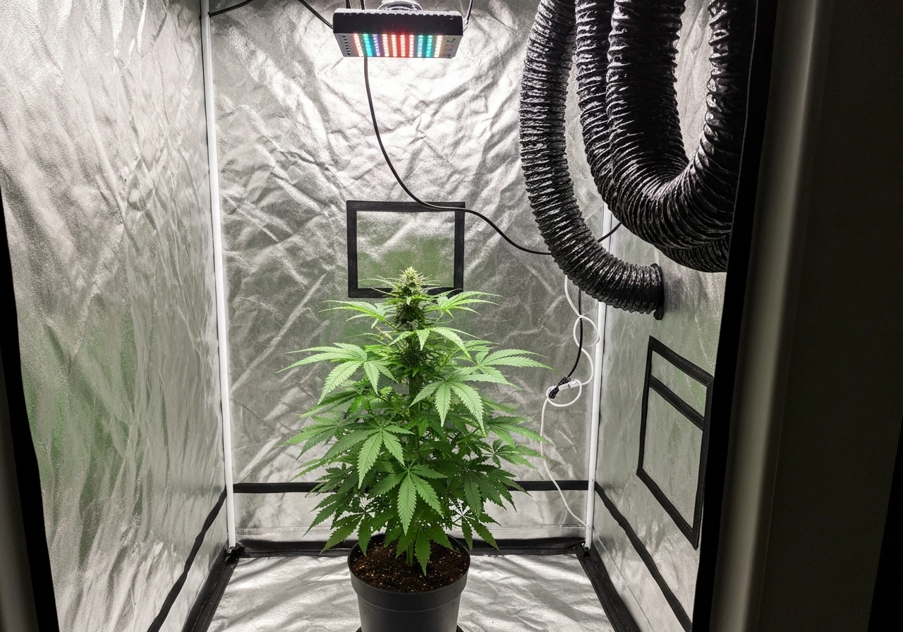 Single healthy cannabis plant in an indoor grow tent with a visible LED light and hanging ducting.