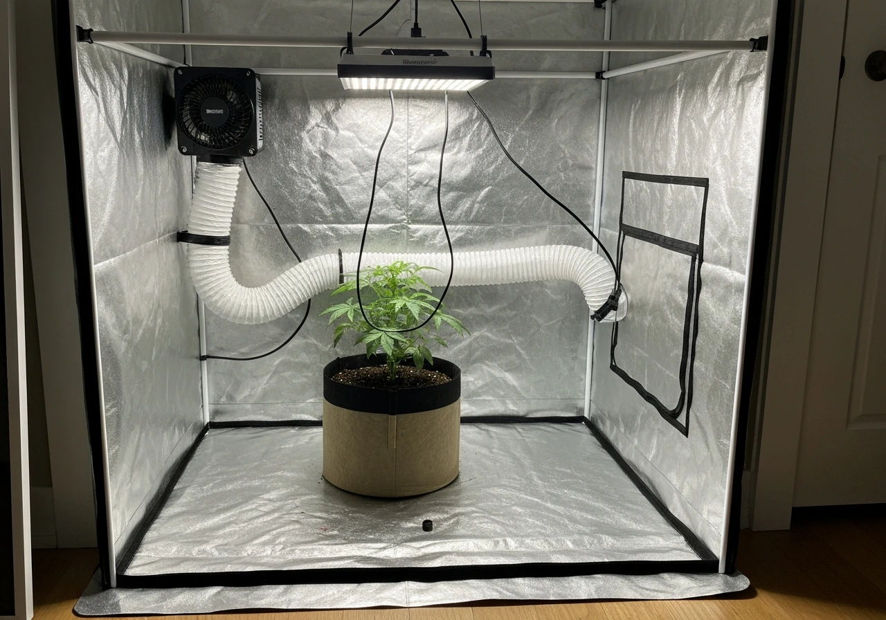 Minimal photo of a 2x2 ft indoor grow tent with an overhead grow light and an airflow fan setup