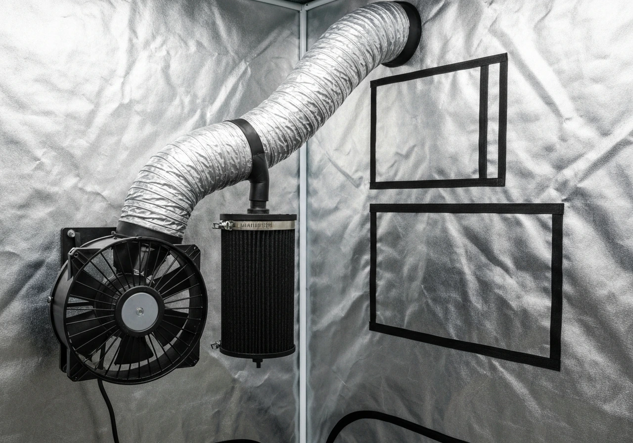 Inline exhaust fan and carbon filter with ducting connected to the top vent of a grow tent