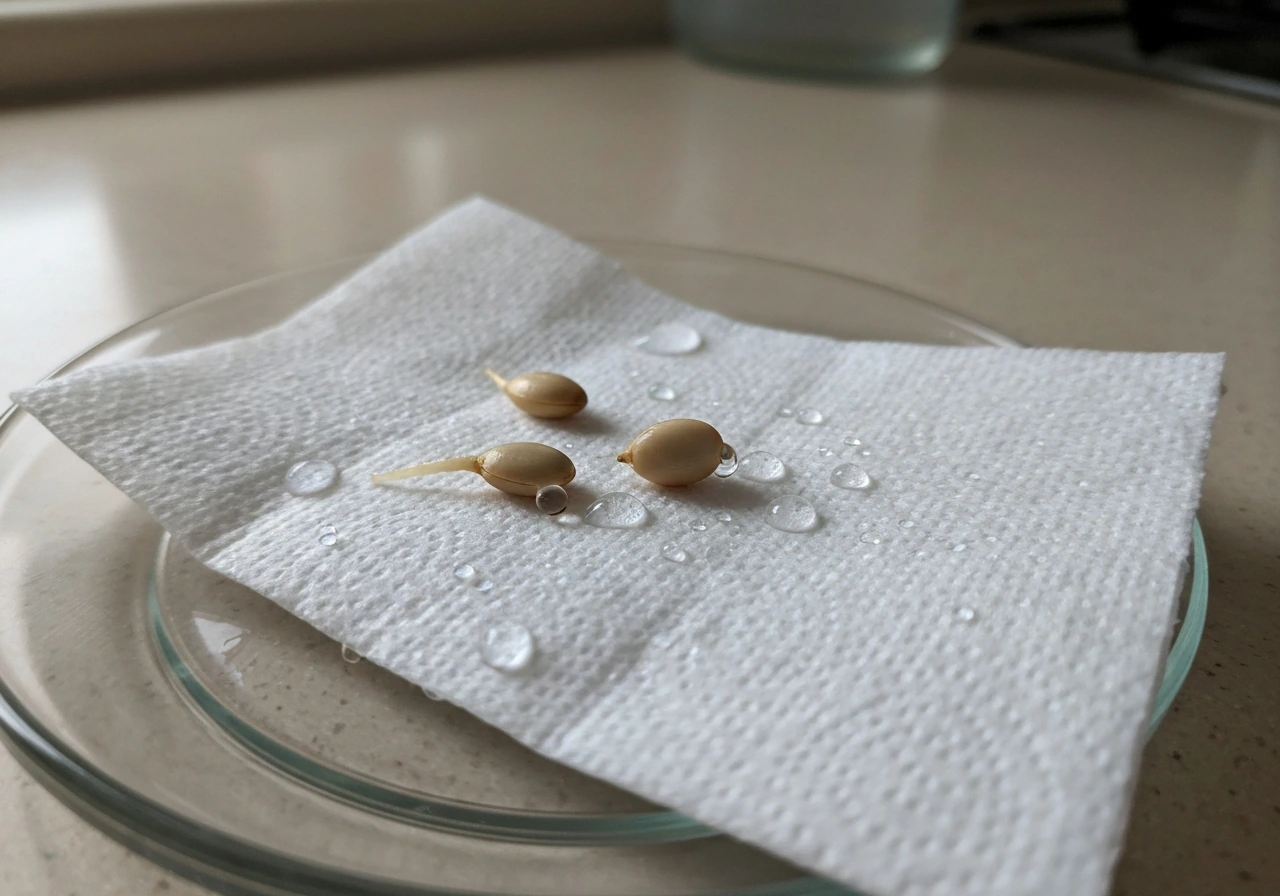 Close-up of cracked seed with a tiny root emerging between two damp paper towels on a plate.