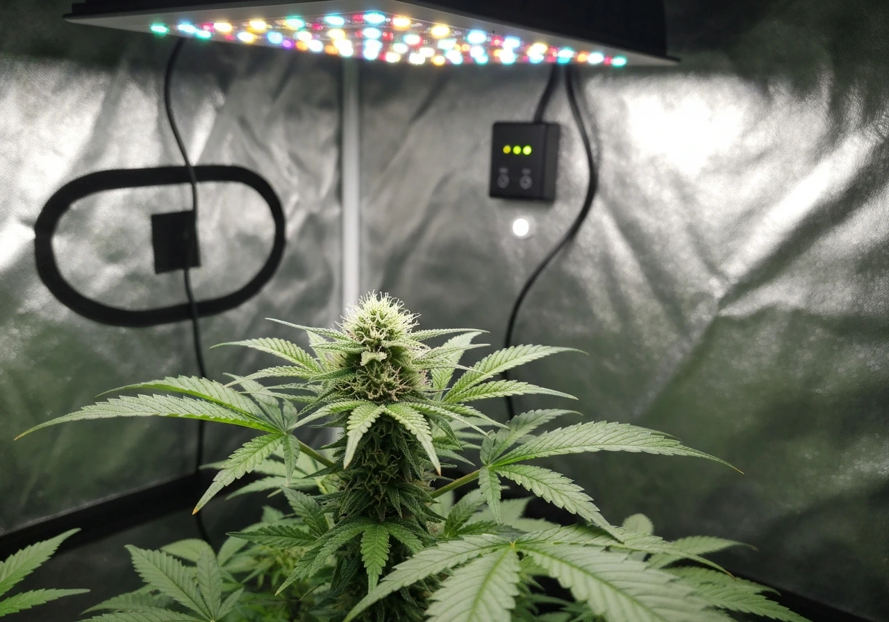 Photoperiod cannabis plant under grow lights with emerging white pistils near the nodes