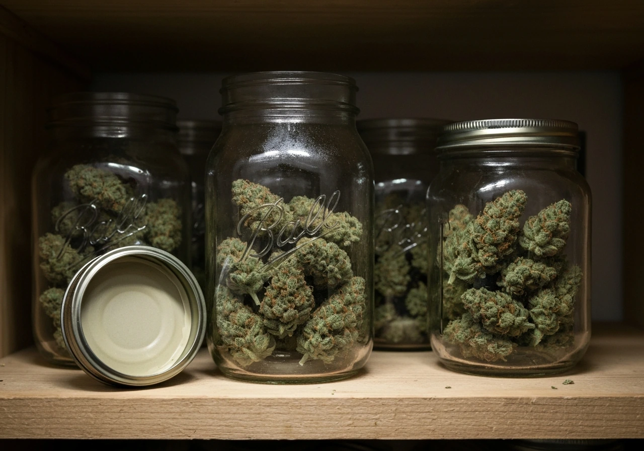 Wide-mouth mason jars with cannabis buds 75% full in a dark storage area, lids nearby, ready to cure.