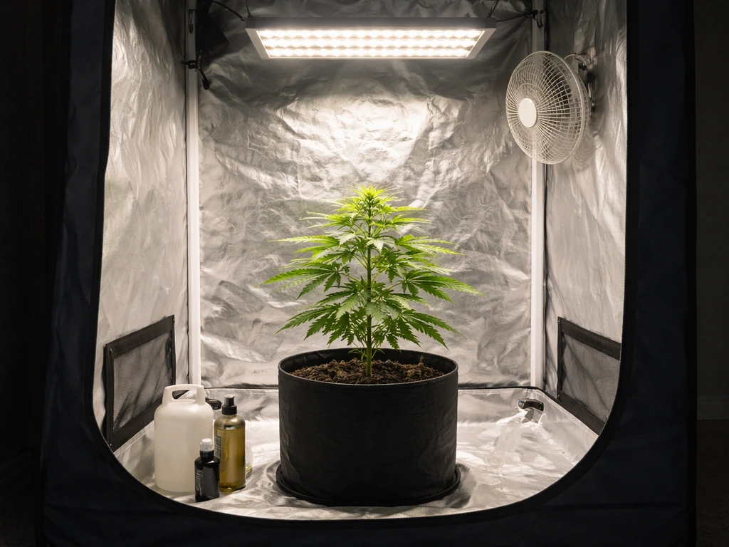 Healthy single cannabis plant in a small indoor grow tent under a lit LED light