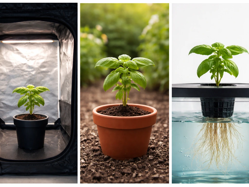 Three distinct plant grow setups side-by-side: indoor tent, outdoor pot, and hydroponic reservoir.
