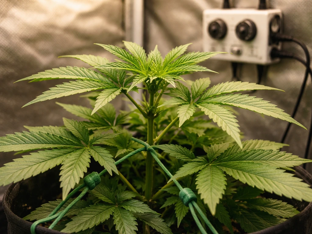 Close-up of a vegetative plant under an 18/6 grow light, with training ties and a visible timer controller.