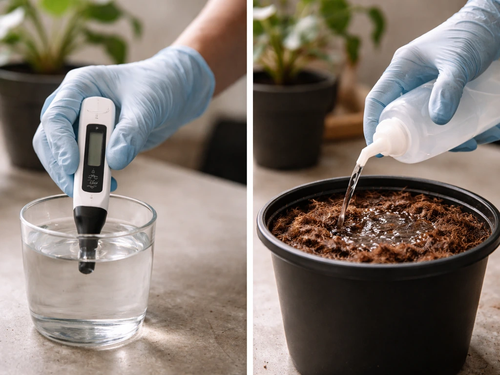 Gloved hands checking EC/pH then pouring clear nutrient solution into a pot of soil or coco.