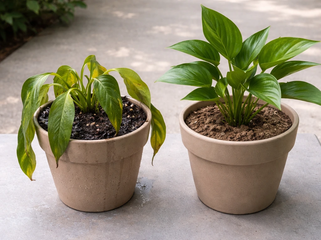 Drooping waterlogged plant next to a healthy one, with wet versus drying soil clearly visible.