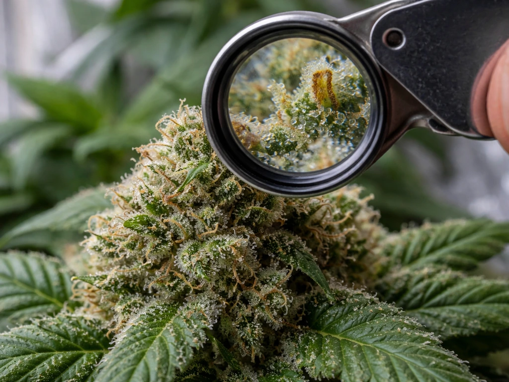 Close-up of bud trichomes viewed through a jeweler’s loupe showing clear, cloudy, and amber resin heads.