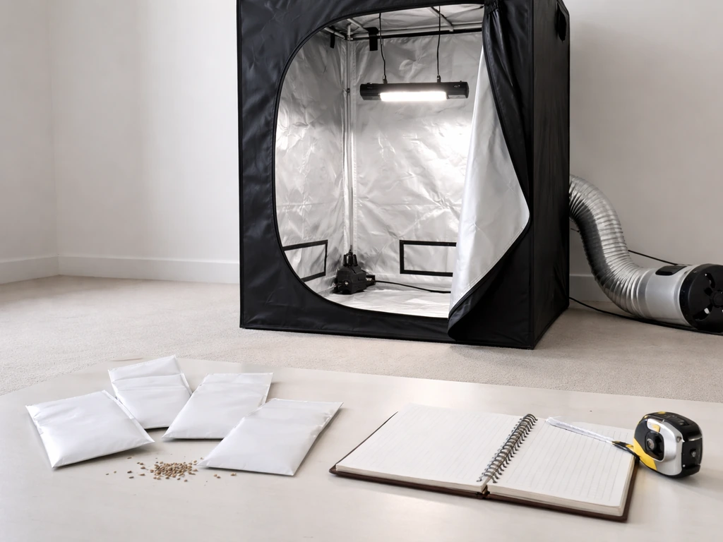 Minimal indoor grow tent setup with seeds on a surface, light and ventilation visible.