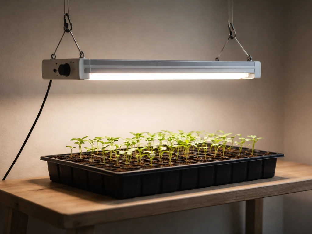 Adjustable LED grow light over a tray of seedlings with an analog timer/dimmer control visible