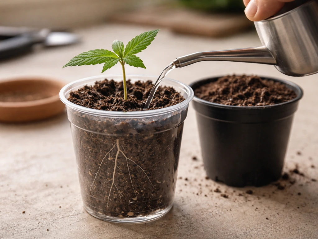 Seedling in a solo cup with visible roots, carefully watered into a 4-inch pot with clean soil.