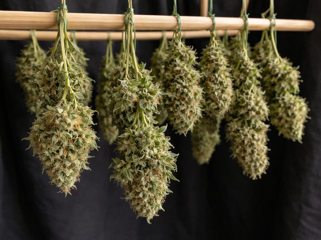 Freshly trimmed buds hanging on a simple indoor drying rack during the harvest-to-curing transition