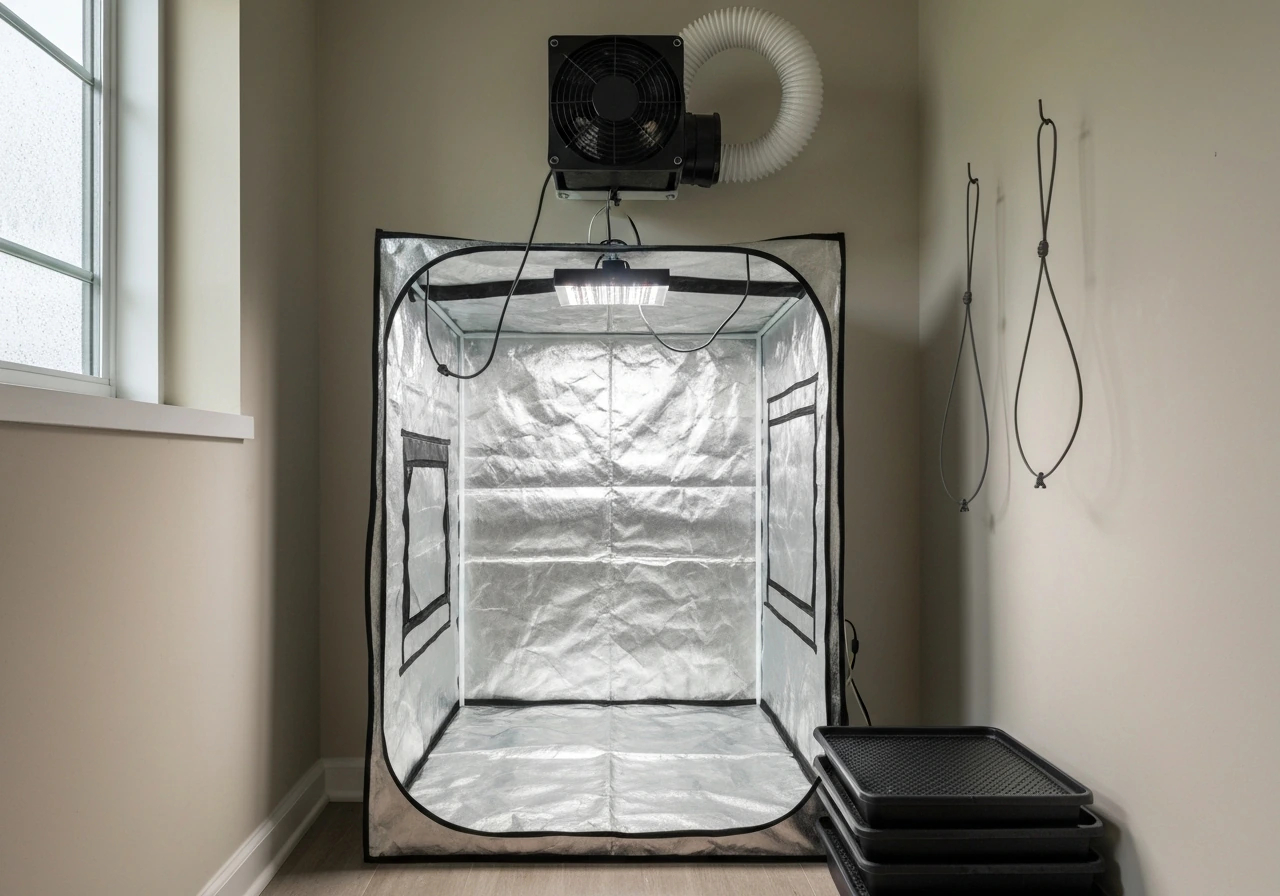 Open home grow tent with light, fan, carbon filter, and organized trays in a clean indoor room