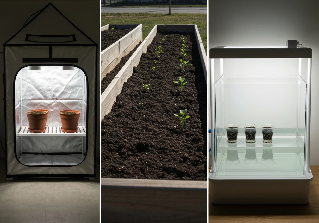 Three grow setups side-by-side: indoor tent with soil pots, outdoor raised bed, and a hydroponic reservoir.