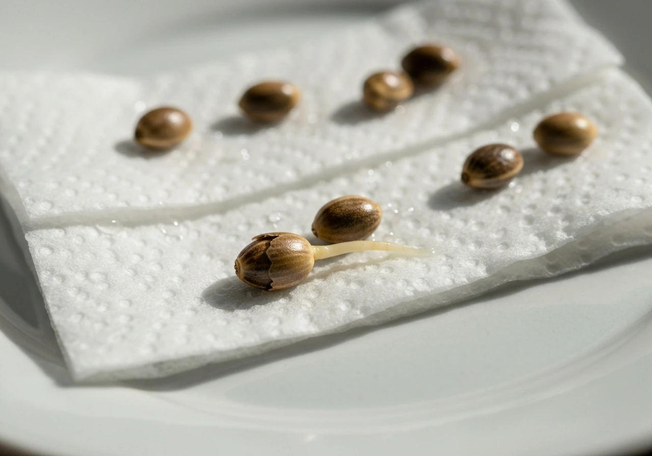 Cannabis seeds in damp paper towels, one seed cracked with a tiny taproot emerging.