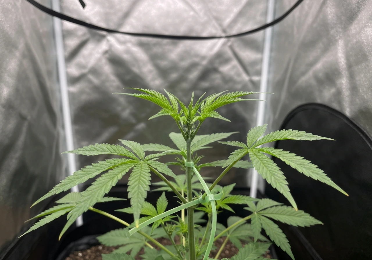 Young cannabis plant with LST tie-downs and new growth emerging after topping in a simple indoor grow tent.