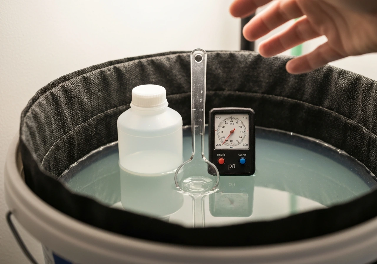 Measuring spoon and nutrient jug next to a pH meter beside nutrient solution in a grow bucket.