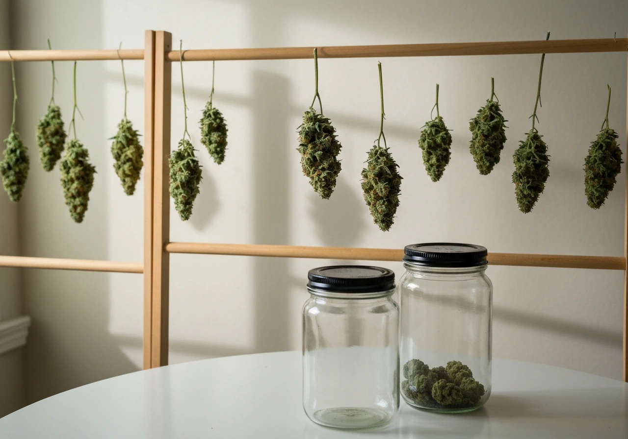 Trimmed cannabis buds hanging to dry on racks, with curing jars on a table in soft natural light.