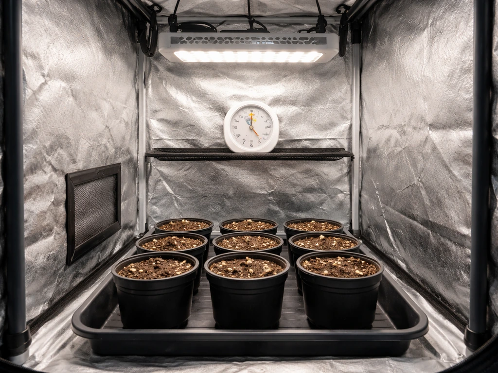 A small grow tent with neatly arranged soil pots and simple equipment inside, showing space planning