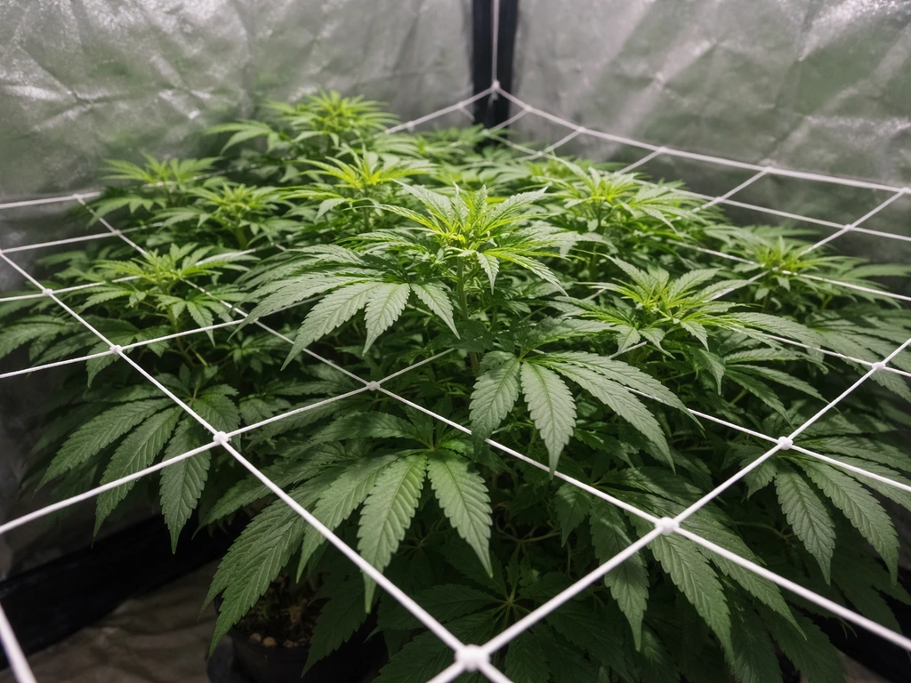 Indoor grow tent with lush green veg plants and a simple trellis net supporting the canopy.