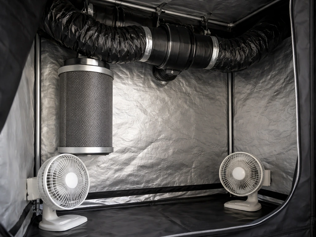 Indoor grow tent interior showing carbon filter ducting and oscillating fans for airflow and odor control.