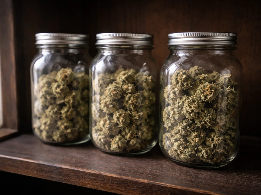 Wide-mouth mason jars with loosely packed dried cannabis buds on a dark wooden shelf in dim light