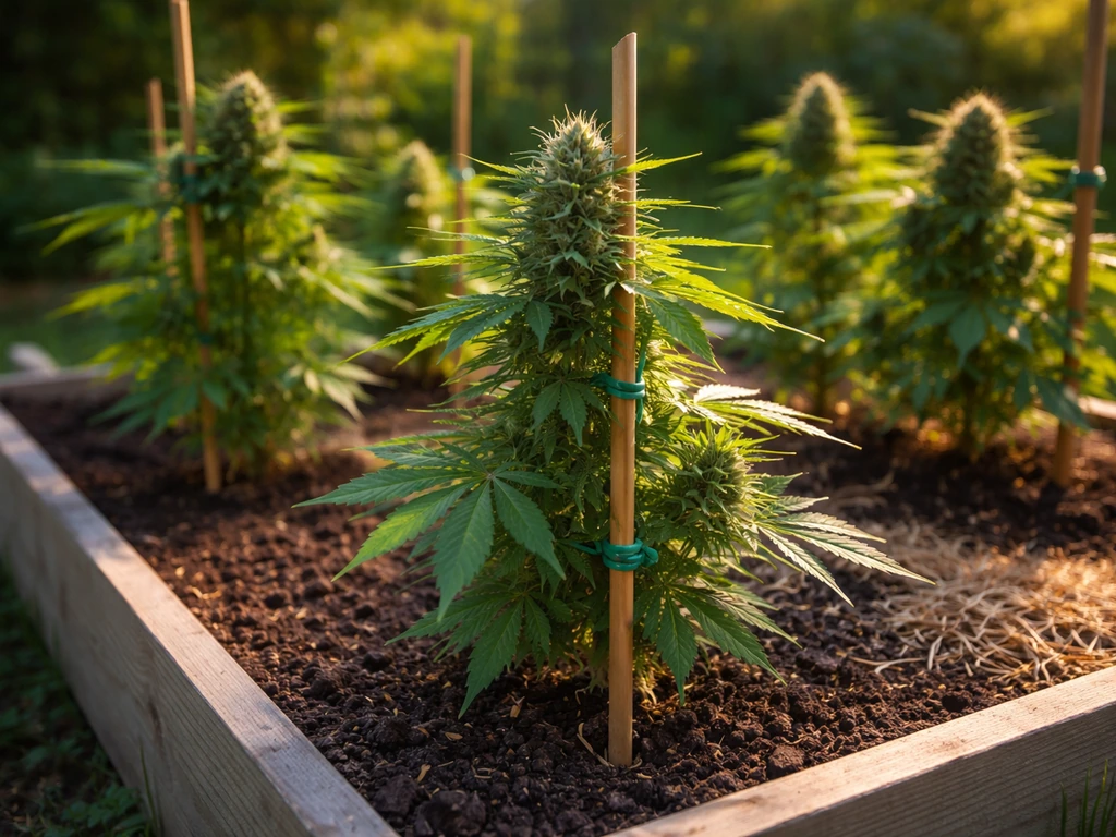 Sunlit raised garden bed with several flowering cannabis plants nearing harvest, supported by stakes.