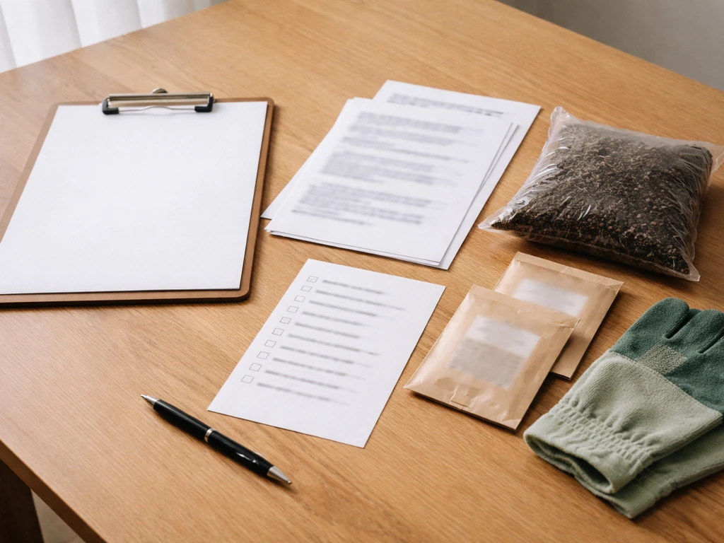 Hand placing a blank clipboard beside cannabis grow materials with blurred permit documents and seed packets