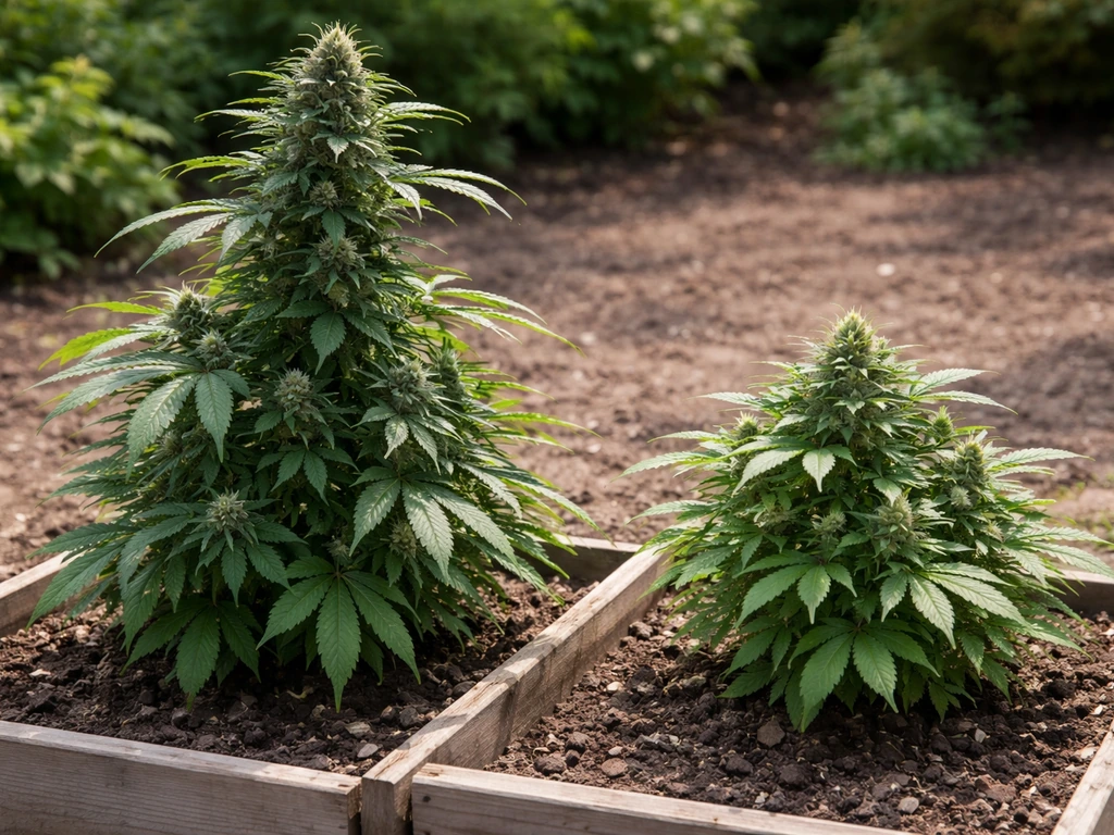 Two cannabis plants side-by-side outdoors: one tall flowering photoperiod plant and one shorter autoflower plant.