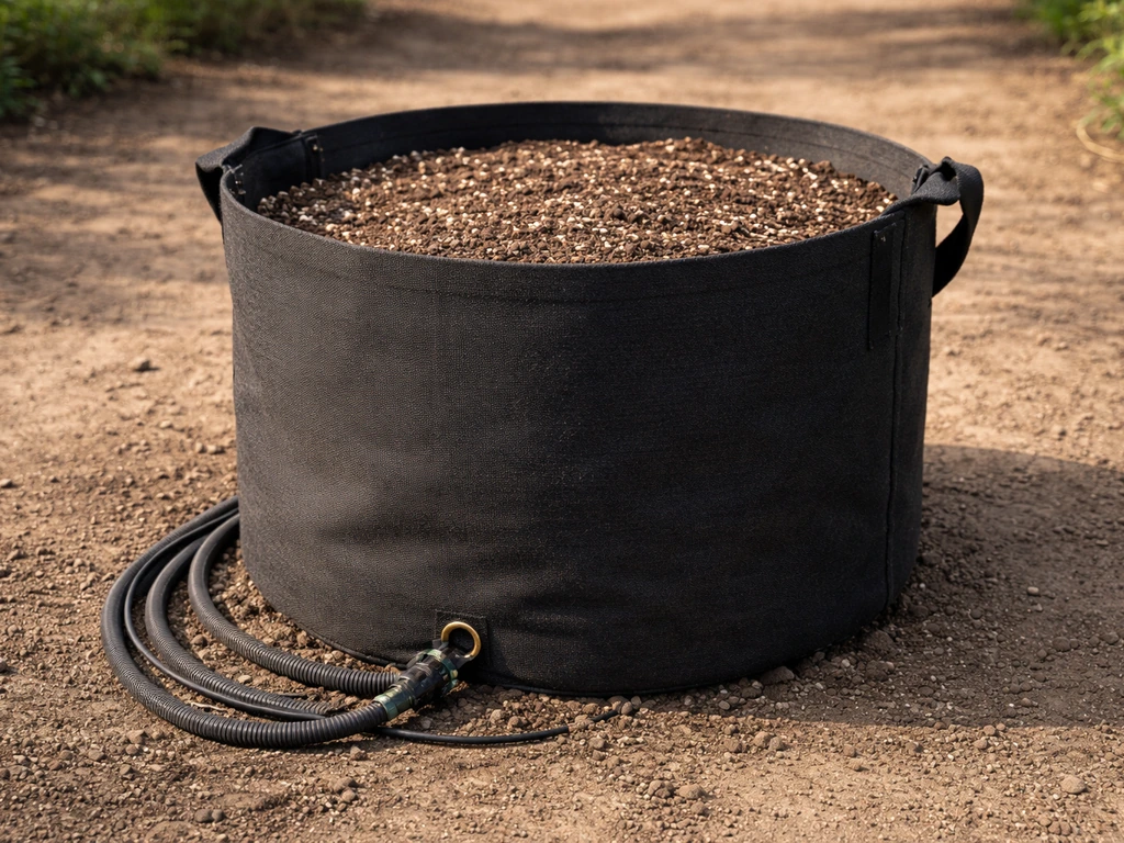 Outdoor fabric grow pot with mixed soil, visible perlite/pumice, and irrigation setup on the ground.