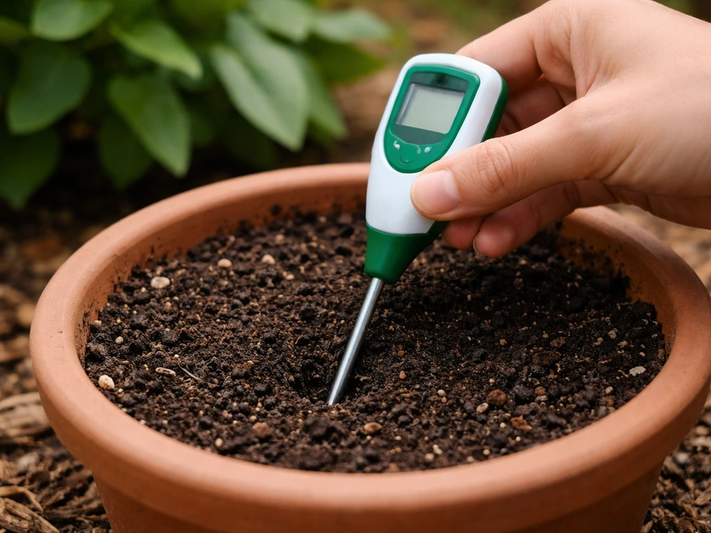 Hand inserting a handheld soil pH meter probe into soil beside a container plant