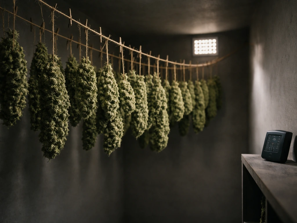 Trimmed cannabis buds hanging upside down in a dark, ventilated room with a small hygrometer visible