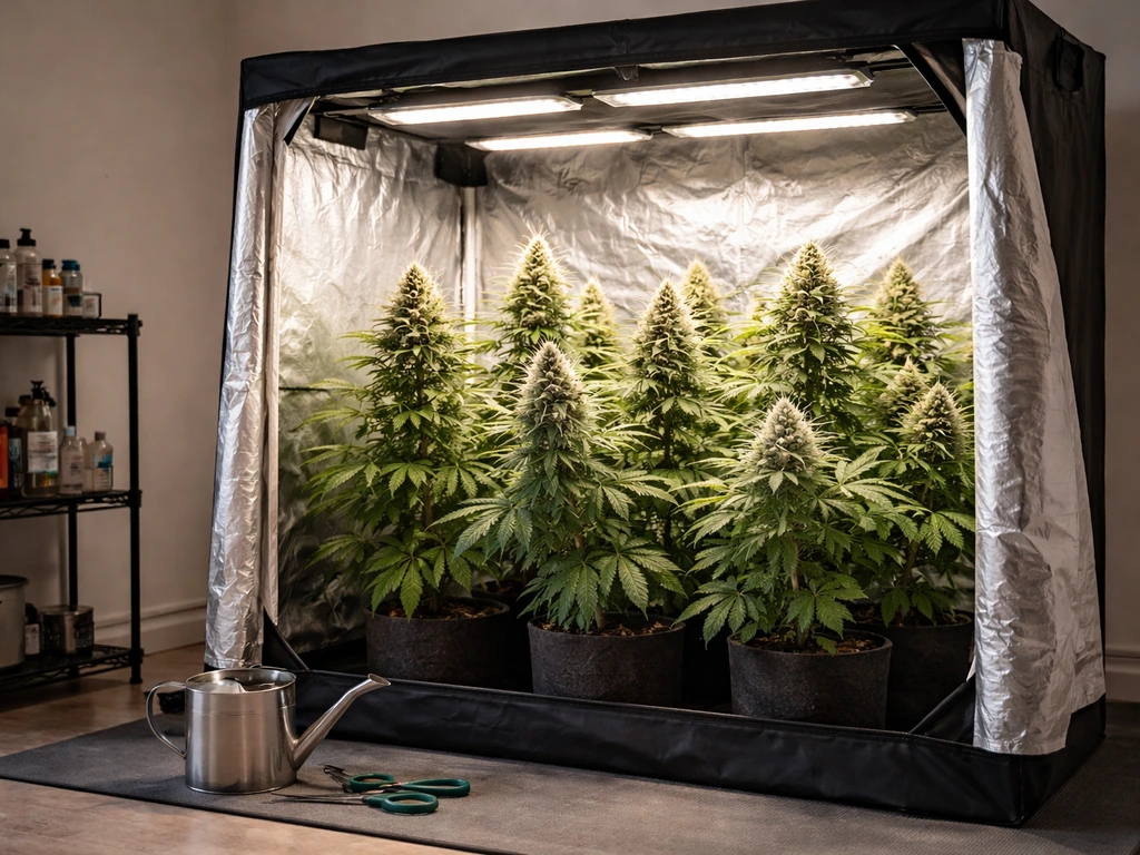Indoor grow tent with flowering cannabis buds under soft grow lights, tended setup with clean equipment