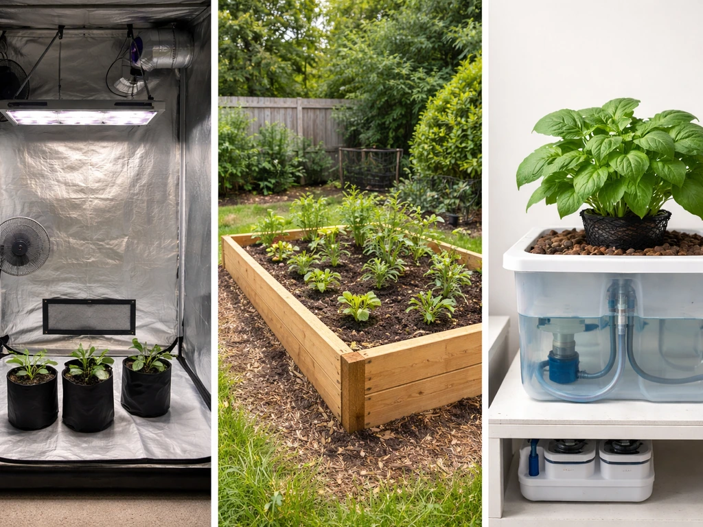 Three minimal setups side-by-side: indoor grow tent, outdoor raised bed, and a hydroponic system.