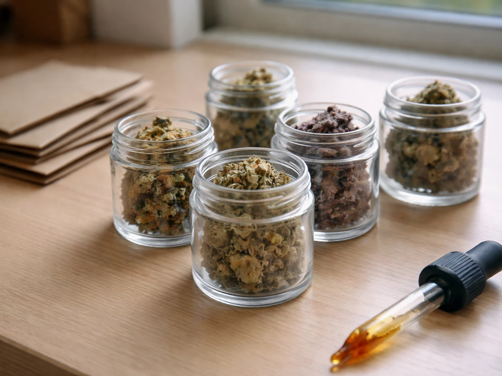 Close-up of dried cannabis samples in small containers, suggesting medical strain selection by aroma variety.