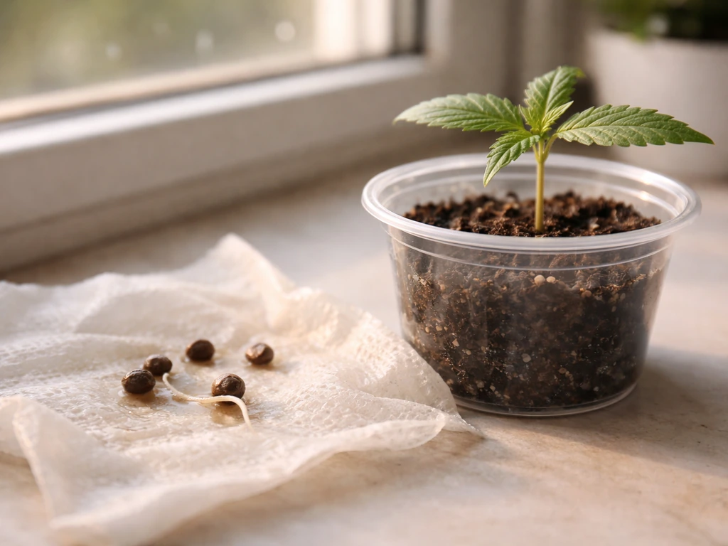Seeds with a tiny taproot beside a starter cup showing early green vegetative growth on a windowsill.