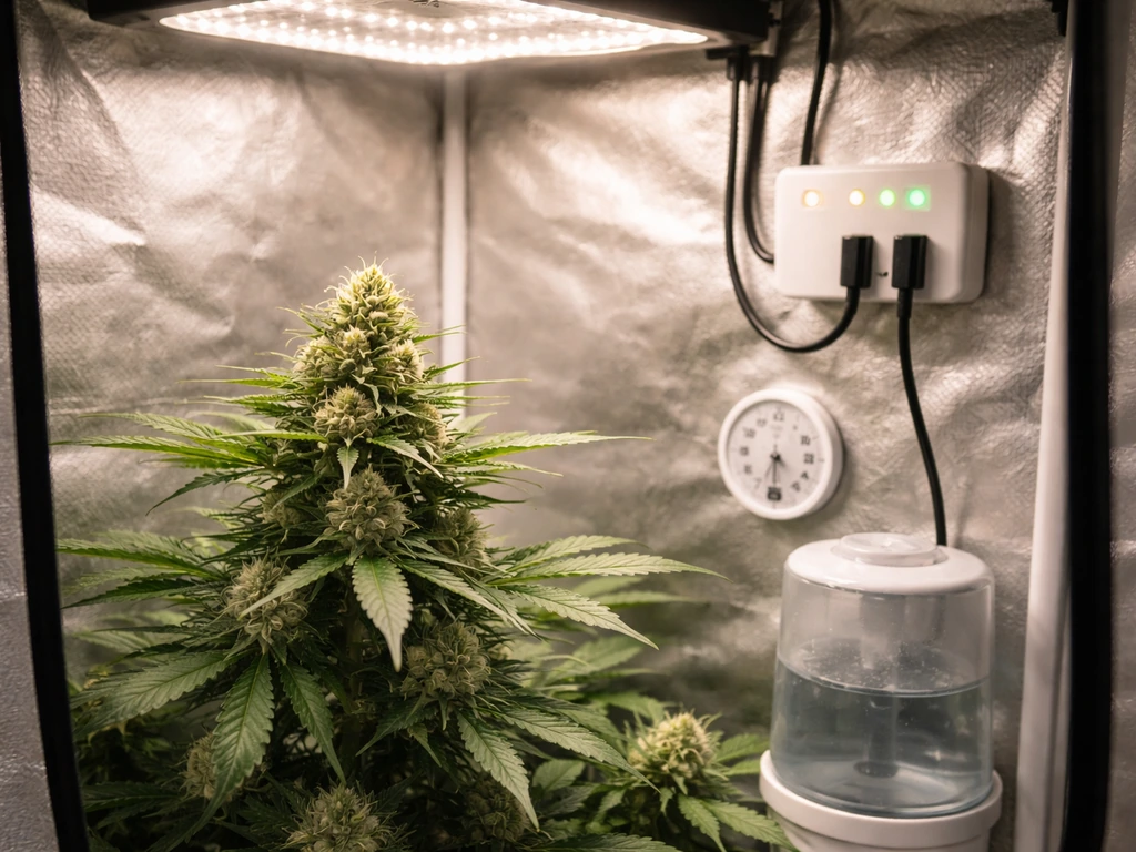 Indoor grow tent with flowering buds and a visible light-cycle timer, simple and uncluttered.