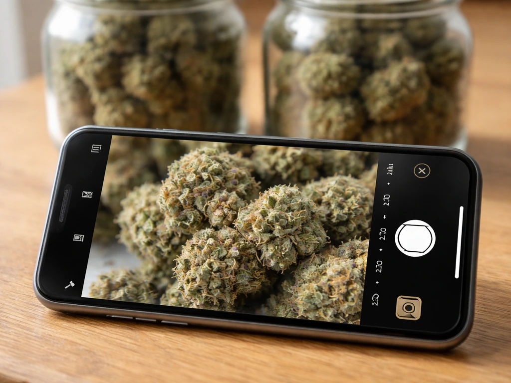 Close-up trichomes under smartphone magnification with cured cannabis buds in jars for storage