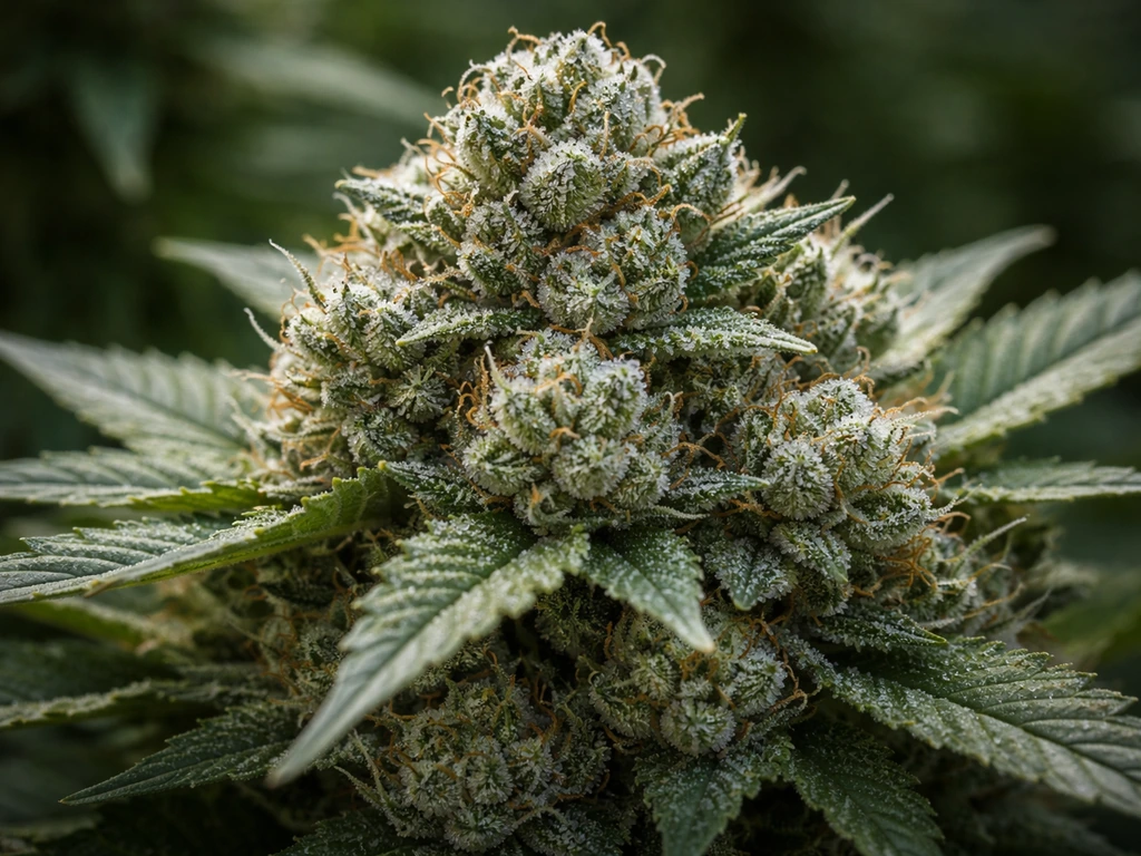 Close-up of dense, frosty cannabis buds with thick calyxes and visible trichomes on the plant.