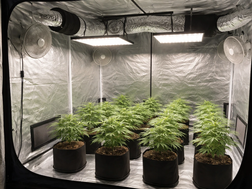 Indoor grow tent with LED lights, evenly spaced plants, and visible fans for airflow.