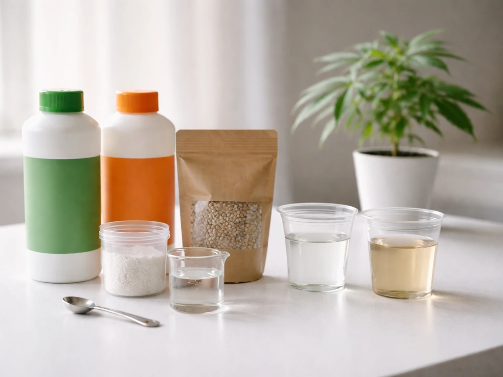 Nutrient bottles, Cal-Mag and silica containers, and measuring tools arranged to imply a veg-to-bloom feeding schedule.