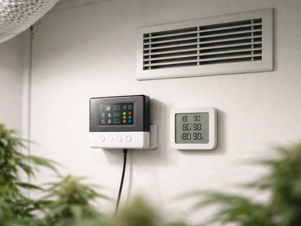 Indoor grow-room controller and airflow vent with nearby thermometer/humidity display, minimal clean setup.