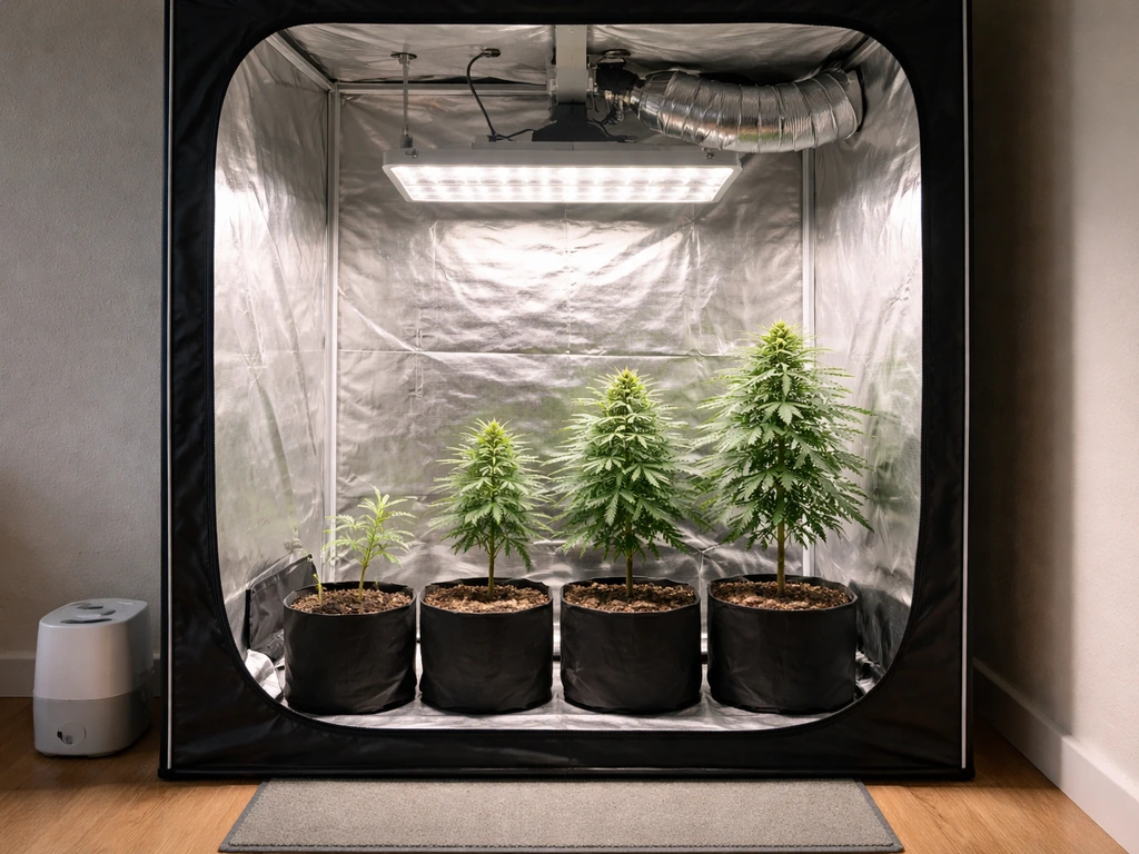 Minimal grow tent setup with cannabis plants at different stages under grow light