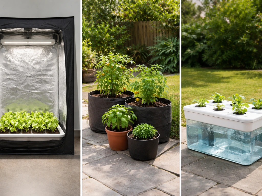 Side-by-side indoor grow tent, outdoor container plants, and hydroponic net pots in one frame