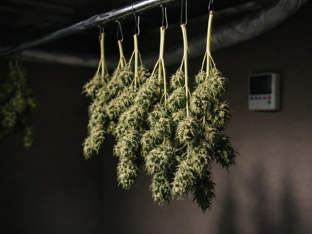 Trimmed cannabis branches hanging upside down in a dark ventilated drying room with a small monitor visible.