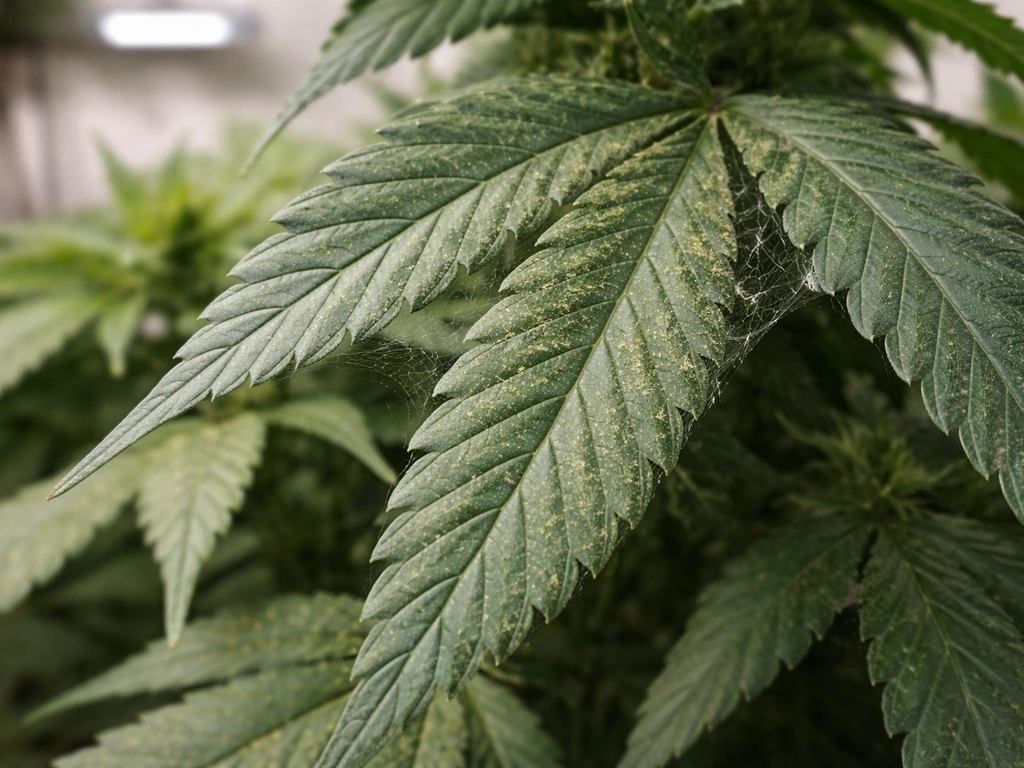 Close-up of cannabis leaves with yellow speckling and faint webbing from spider mites