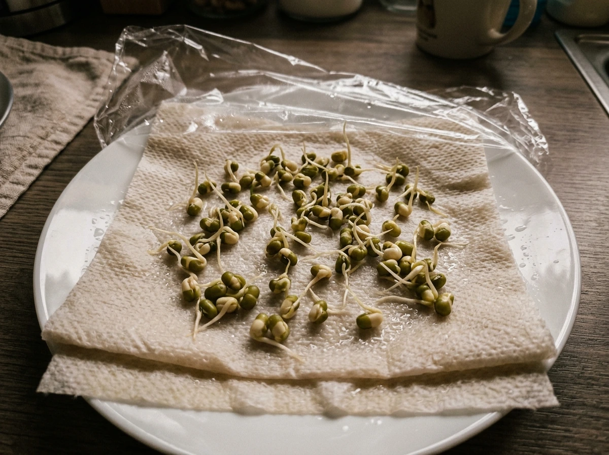 Cannabis seeds between damp paper towels covered for germination
