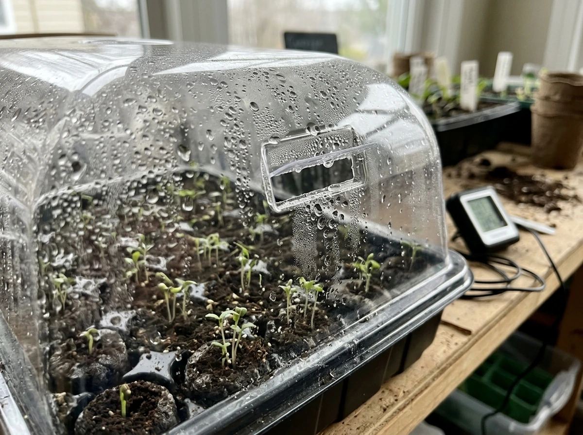 Seedling tray under a humidity dome with condensation for moisture control