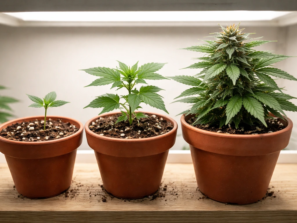Three cannabis plants in a home grow at seedling, vegetative, and flowering stages in organic soil
