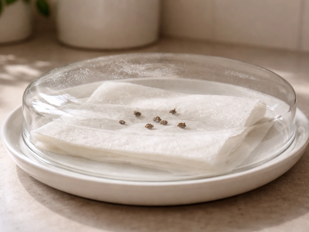 Cannabis seeds between damp paper towels on a plate, covered to trap humidity.